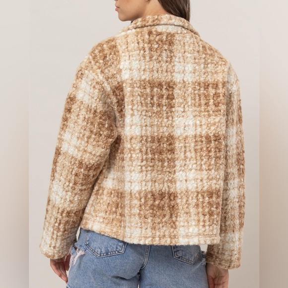 NWT HYFVE Brown Tan 90s Plaid Textured Cropped Boucle Jacket Coat - Picture 5 of 6